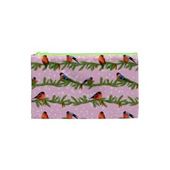 Bullfinches Sit On Branches On A Pink Background Cosmetic Bag (xs) by SychEva