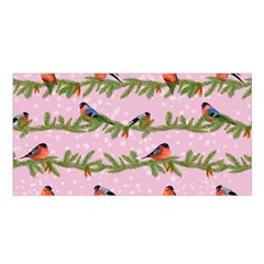 Bullfinches Sit On Branches On A Pink Background Satin Shawl by SychEva