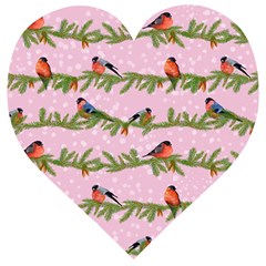 Bullfinches Sit On Branches On A Pink Background Wooden Puzzle Heart by SychEva