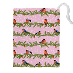 Bullfinches Sit On Branches On A Pink Background Drawstring Pouch (5xl) by SychEva