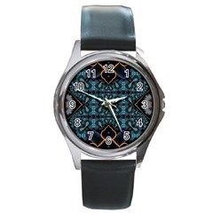 Blue Pattern Round Metal Watch by Dazzleway