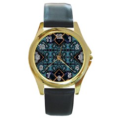 Blue Pattern Round Gold Metal Watch by Dazzleway