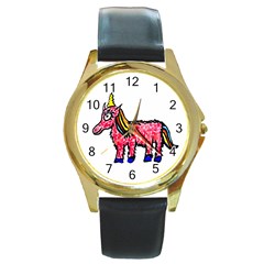 Unicorn Sketchy Style Drawing Round Gold Metal Watch by dflcprintsclothing