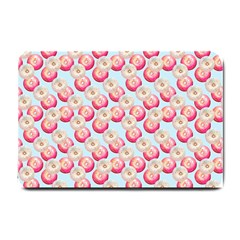 Pink And White Donuts On Blue Small Doormat  by SychEva