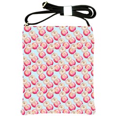 Pink And White Donuts On Blue Shoulder Sling Bag by SychEva