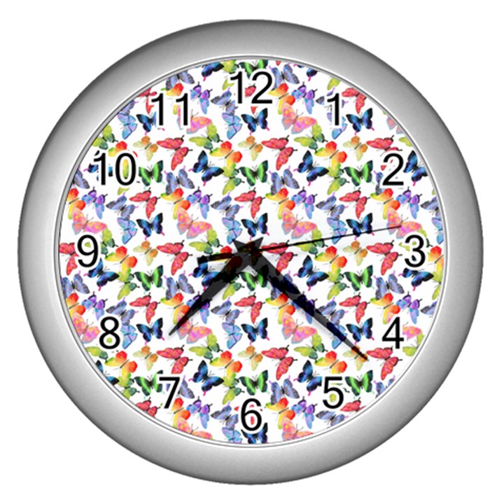 Multicolored Butterflies Wall Clock (Silver)