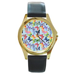 Watercolor Butterflies Round Gold Metal Watch by SychEva