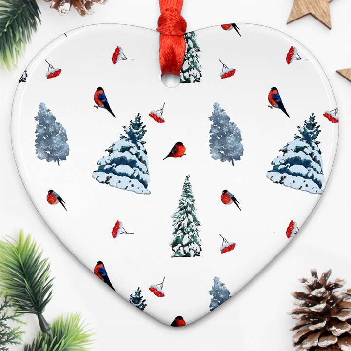 Christmas Trees And Bullfinches Heart Ornament (Two Sides)