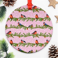 Bullfinches Sit On Branches On A Pink Background Ornament (round) by SychEva