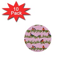 Bullfinches Sit On Branches On A Pink Background 1  Mini Buttons (10 Pack)  by SychEva