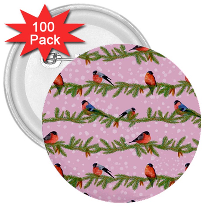 Bullfinches Sit On Branches On A Pink Background 3  Buttons (100 pack) 