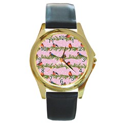 Bullfinches Sit On Branches On A Pink Background Round Gold Metal Watch by SychEva