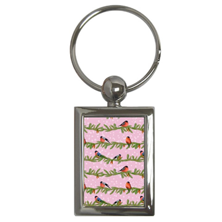 Bullfinches Sit On Branches On A Pink Background Key Chain (Rectangle)