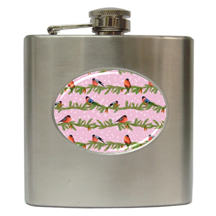 Bullfinches Sit On Branches On A Pink Background Hip Flask (6 oz)