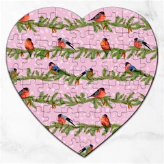 Bullfinches Sit On Branches On A Pink Background Jigsaw Puzzle (heart) by SychEva