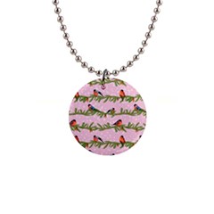 Bullfinches Sit On Branches On A Pink Background 1  Button Necklace by SychEva