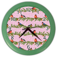 Bullfinches Sit On Branches On A Pink Background Color Wall Clock by SychEva