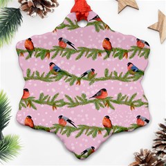 Bullfinches Sit On Branches On A Pink Background Ornament (snowflake) by SychEva