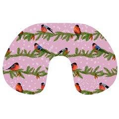 Bullfinches Sit On Branches On A Pink Background Travel Neck Pillow by SychEva