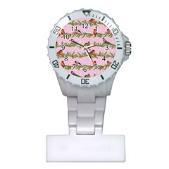 Bullfinches Sit On Branches On A Pink Background Plastic Nurses Watch by SychEva