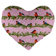 Bullfinches Sit On Branches On A Pink Background Large 19  Premium Flano Heart Shape Cushions by SychEva