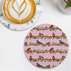 Bullfinches Sit On Branches On A Pink Background Uv Print Round Tile Coaster by SychEva