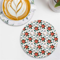 Large Christmas Poinsettias On White Uv Print Round Tile Coaster by PodArtist