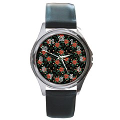 Large Christmas Poinsettias On Black Round Metal Watch by PodArtist