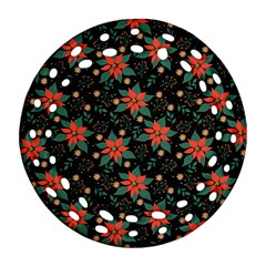 Large Christmas Poinsettias On Black Round Filigree Ornament (two Sides) by PodArtist