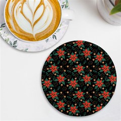 Large Christmas Poinsettias On Black Uv Print Round Tile Coaster