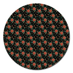 Medium Red Christmas Poinsettias On Black Magnet 5  (round) by PodArtist