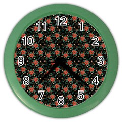 Medium Red Christmas Poinsettias On Black Color Wall Clock by PodArtist