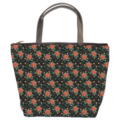 Medium Red Christmas Poinsettias On Black Bucket Bag by PodArtist