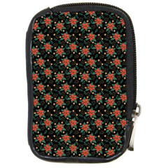 Medium Red Christmas Poinsettias On Black Compact Camera Leather Case by PodArtist