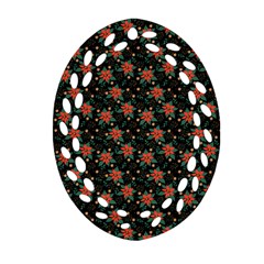 Medium Red Christmas Poinsettias On Black Oval Filigree Ornament (two Sides) by PodArtist