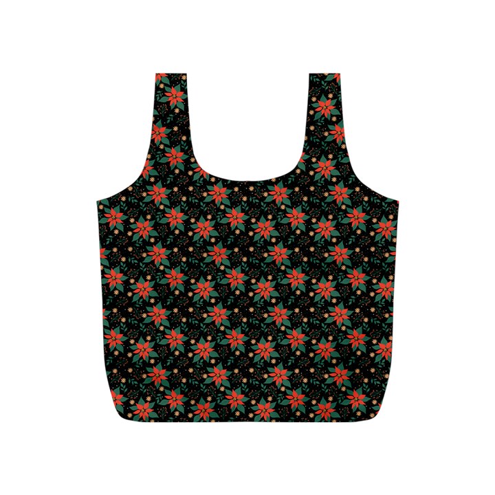 Medium Red Christmas Poinsettias on Black Full Print Recycle Bag (S)