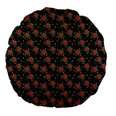 Medium Red Christmas Poinsettias On Black Large 18  Premium Flano Round Cushions by PodArtist