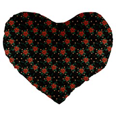 Medium Red Christmas Poinsettias On Black Large 19  Premium Flano Heart Shape Cushions by PodArtist