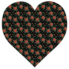 Medium Red Christmas Poinsettias On Black Wooden Puzzle Heart by PodArtist