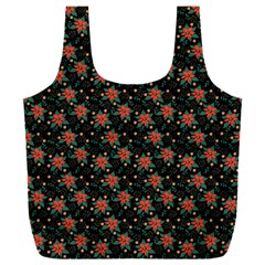 Medium Red Christmas Poinsettias On Black Full Print Recycle Bag (xxl) by PodArtist