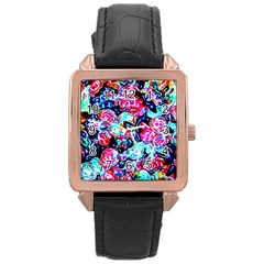 Neon Floral Rose Gold Leather Watch  by 3cl3ctix