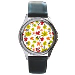 Bright Autumn Leaves Round Metal Watch Front