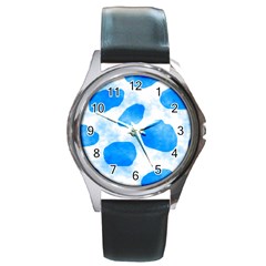 Cloudy Watercolor, Blue Cow Spots, Animal Fur Print Round Metal Watch by Casemiro