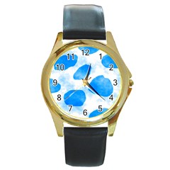 Cloudy Watercolor, Blue Cow Spots, Animal Fur Print Round Gold Metal Watch by Casemiro