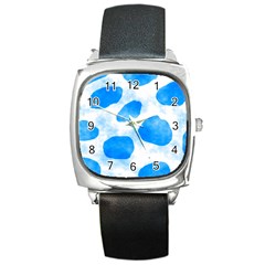 Cloudy Watercolor, Blue Cow Spots, Animal Fur Print Square Metal Watch by Casemiro