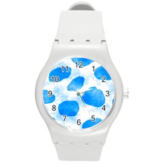 Cloudy Watercolor, Blue Cow Spots, Animal Fur Print Round Plastic Sport Watch (m) by Casemiro