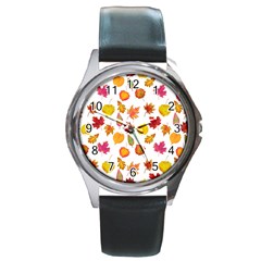 Watercolor Autumn Leaves Round Metal Watch by SychEva