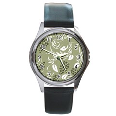 Folk Flowers Print Floral Pattern Ethnic Art Round Metal Watch by Eskimos