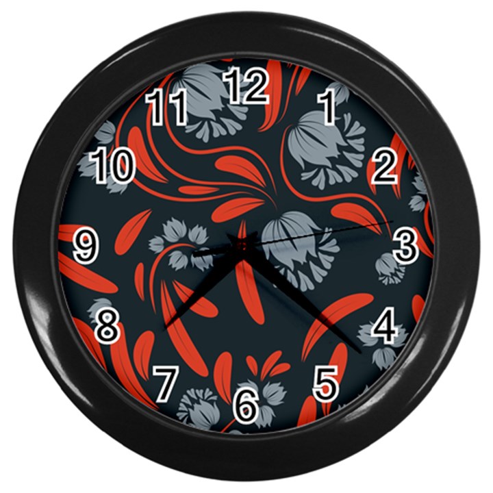 Folk flowers print Floral pattern Ethnic art Wall Clock (Black)