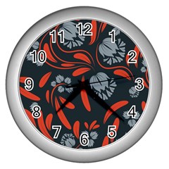 Folk Flowers Print Floral Pattern Ethnic Art Wall Clock (silver) by Eskimos